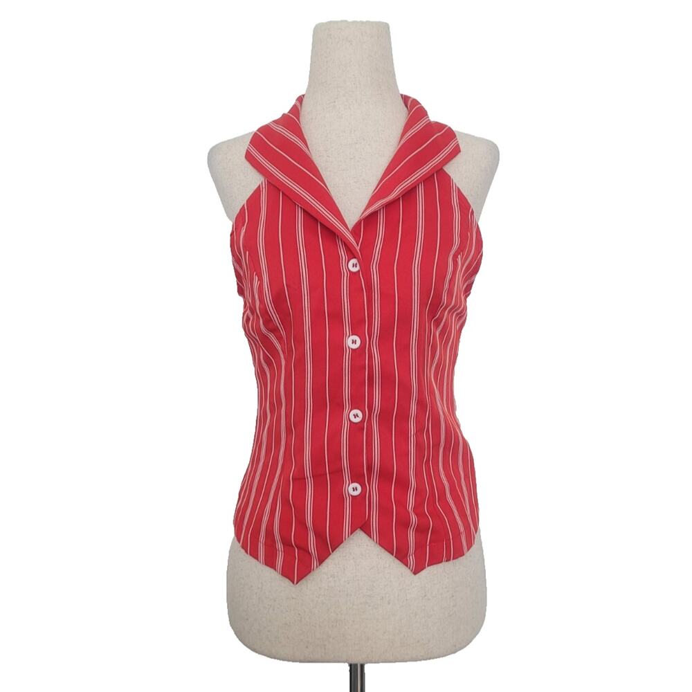 NWT Poeselle Pinstriped Button Up Vest Halter Top Sz XS Red Preppy Office Siren
